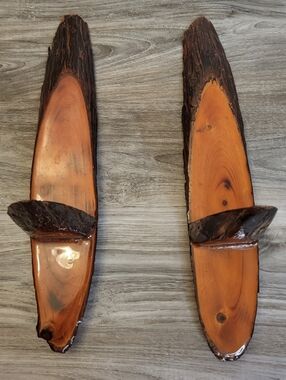 Pair Vintage Handcrafted Live Edge Wood Wall Sconces Lacquer Finish